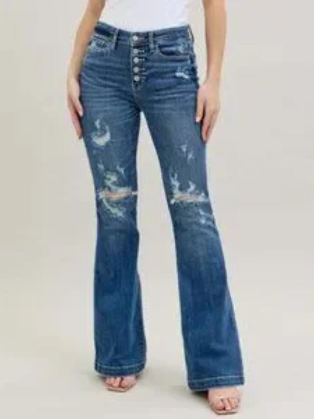 Judy Blue Button Fly Distressed Trouser Flare Jeans. Size 1/25